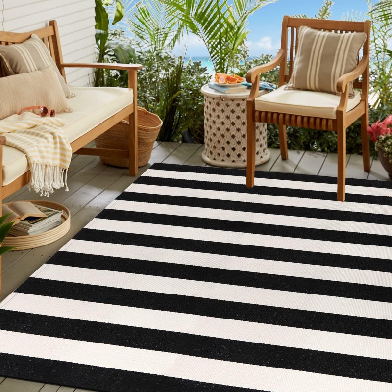 LEEVAN Black and White Outdoor Rug 4x6, Cotton Washable Outdoor Patio Rug, Black Striped Reversible Rug for Balcony Decor, Woven Entryway Rug for Layered Door Mats Porch/Front Door - Image 3